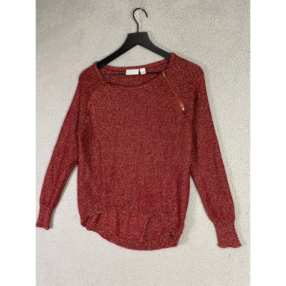 Bisou Bisou Red Metallic‎ Knit Sweater XS Gold Zip Detail Long Sleeve Pullover - Picture 4 of 9